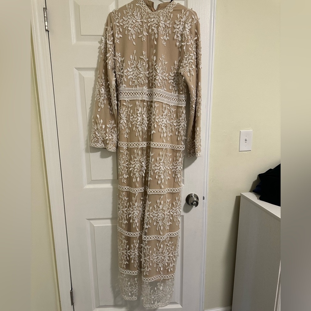 Elegant Tan and White Embroidered Dress